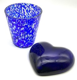 Lot 45- Cobalt Blue Heart Paper Weight & Mottled Confetti Art Glass Vase