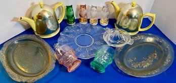 Lot 60- KITSCHY Kitchen Lot- Hall Yellow Tea Pots- Owl Jars- Depression Platter - Green & Pink Glasses - 12