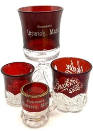 Lot 62-early 1900s  Ruby Red Souvenir Glasses - Ipswich, Ma - Danvers - Brockton Fair - Helen Lot Of 4
