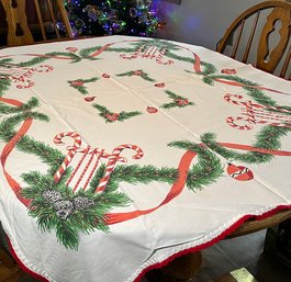 Lot 365SES - Vintage Candy Cane Table Cloth With Red Crochet Around Edges Rectangle