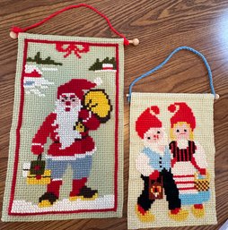 Lot 366SES - Pair Of Vintage Swedish Embroidery - Saint Nick - Christmas Santa Claus -