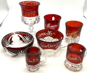Lot 63- Early 1900s Old Orchard- Maine- Crescent Park Ruby Red Souvenir Glasses Glassware Lot Of 7