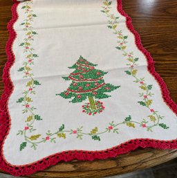Lot 368SES - Vintage Cross Stitched Table Cloth Runner - Red Crochet Edges - Christmas Tree Table Linen!