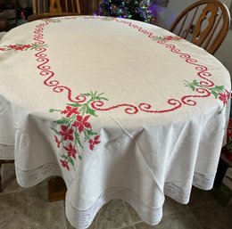 Lot 369SES - Vintage Poinsettia Cross Stitched Cotton Table Cloth - Nice Large Oval Tablecloth