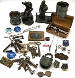 Lot 66- Antique Daguerreotype - Political Pins- Franklin Mint Pewter - Silver Plate Items - Skeleton Keys