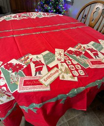 Lot 375SES - Vintage Christmas Cotton Festive Greeting Card Santa Mid Century Table Cloth - Square Table Linen