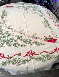 Lot 376SES - Vintage Mid Century Christmas Santa Sleigh Reindeer Cotton Table Cloth - Oval Table Linen