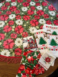 Lot 378SES - Vintage FRINGE! Christmas Round Plastic Table Cloth & New Holiday Hand Towels- Xmas Linen