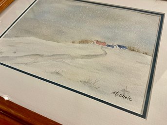 Lot 4SES- Original Art - Snow Storm Scene - Home On The Hill In Oak Frame Signed Michele