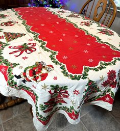Lot 379SES - Vintage Beautiful Festive Cotton Tablecloth Christmas Trees Santa Poinsettia Long Table Linen