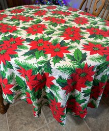 Lot 380SES - Vintage Tablecloth & Handmade Doilies Christmas Poinsettia Long Table Linens