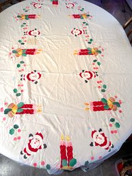 Lot 381SES - Vintage CottonTablecloth Christmas Appliqus Santa - Candles Long Table Cloth 108x64