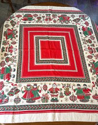 Lot 383SES - Beautiful MCM Vintage Cotton Table Cloth Christmas Santa & Angels Bells - Square Tablecloth 48x48