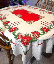 Lot 385SES - Stunning MCM Vintage Cotton Table ClothChristmas Poinsettia - 72x60 Tablecloth