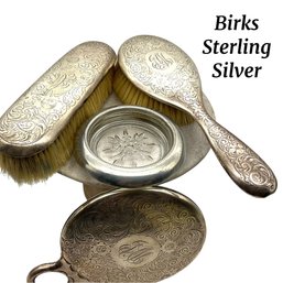 Lot 8SES- Birks Sterling Silver Vanity Set Hand Mirror Brushes & Coaster Lot Of 4