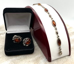 Lot 4- Sterling Silver With Amber Earrings And Bracelet