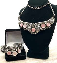 Lot 14- Sterling Silver Navajo Pale Pink Mother Of Pearl Necklace & Bracelet Set