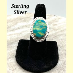 Lot 17- Sterling Silver Navajo Hammered Turquoise & Yellow Ring Size 8