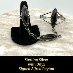 Lot 40- Sterling Silver Bracelet W/ Attached Onyx Ring Signed Alfred Payton