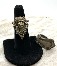 Lot 65 - Medusa Greek Goddess Ring & Adjustable Spoon Ring - Lot Of 2