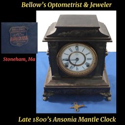 Lot 233-  Antique Ansonia Clock Co. Mantle Clock - Bellows Optometrist And Jeweler Stoneham, Ma