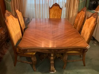 Lot 218- MCM Pecan Dining Room Table & 6 Gold Crushed Velvet Chairs