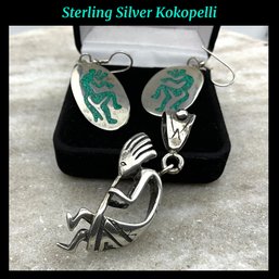 Lot 41- Sterling Silver Navajo Kokopelli Pendant & Turquoise Earrings