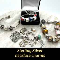 Lot 50- Sterling Silver Charms - 9 And 3 Costume Bracelets With Slide Charms