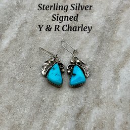 Lot 51- Signed Sterling Silver Navajo YR Charley Earrings With Turquoise