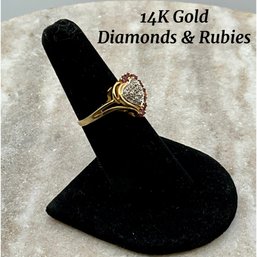Lot 81- 14K Gold Red Ruby And Diamonds Heart Ring - Signed SUMA - Tested