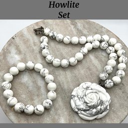 Lot 77- Howlite Gemstone Necklace With Rose And Matching Bracelet