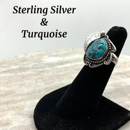 Lot 98- Sterling Silver Signed LC Navajo Turquoise Ring Size 5