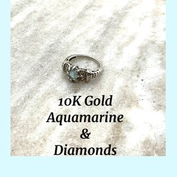 Lot 203- 10K White Gold With Diamonds And Aquamarine Ring Size 8