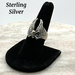 Lot 211- Sterling Silver Signed Winged Skull Cross Bones Ring Size 9
