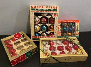 Lot 16- Vintage Mixed Lot (44) Shiny Brite Christmas Ornaments - Red - Gold - Blue - Striped