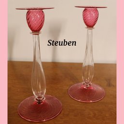 Lot 206- Steuben Signed 10' Art Glass Pink Candle Stick Holders - Pair