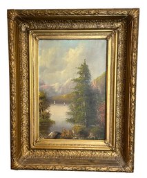 Lot 71- Serenity - Sailboats In The Mountains - Oil On Canvas - Beautiful Antique Gold Leaf High Relief Frame