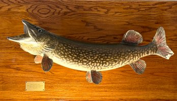 Lot 109-  WOW! 36 Inches - Northern Pike Fish Caught In Canada Mounted On Oak Panel - 1987