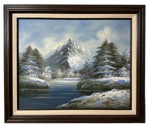 Lot 203SES - Beautiful  Winter Mountains On Lake Landscape Original Oil On Canvas In Vintage Frame - Signed