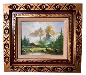 Lot 204SES -  Cabin Mountains On Lake Landscape Original Oil On Canvas In Gold Leaf Frame - Signed