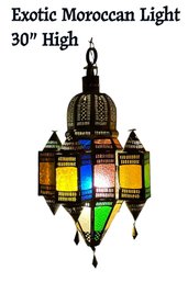 Lot 390- Moroccan Hanging Stained Glass & Brass Metal Light Multi Color Chandelier - BIG!