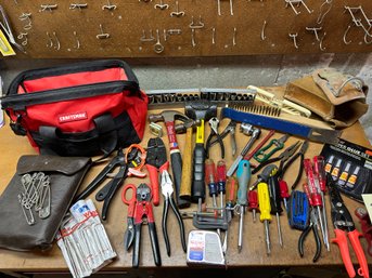 Lot 320- Great Beginners Tool Craftsman Bag - Hammers - Wrenches - Leather Tool Holder - Sockets
