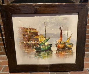 Lot 160 - Original Mid Century Painting Artist Luini Fishing Village - Seaport ***See Description For Conditio
