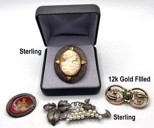 Lot 6 - Vintage Pin Collection Of 4 - 12k Gold - Sterling, Cameo, Authentic Pearls, Floral