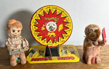 Lot 304SES - Vintage Tin Toys - Wind Up Monkeys - Animal Bingo By Baldwin