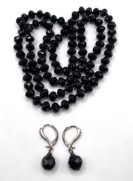 Lot 17 - Vintage Black Crystal Set - 28 Inch Necklace & Earrings - Estate Jewelry