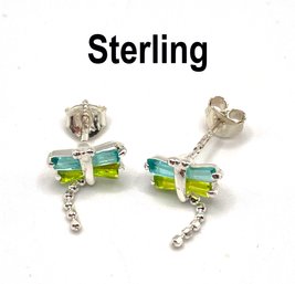 Lot 20 - Sterling Silver Dragonfly Earrings With Aqua & Green Stones