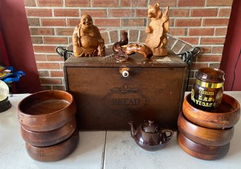 Lot 243 - Vintage Wood Lot - OLD Bread Box, Wood Carvings Las Vegas Glass