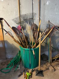 Lot 331 - Large Bucket Of Vintage Garden Hand Tools And New XL Green Trash Barrel