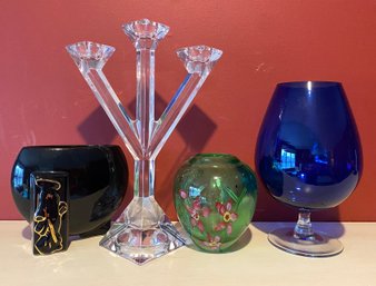 Lot 247 - Villeroy & Boch Taper Crystal Candle Stick Holder Signed - Blue Glass Vase - Vases